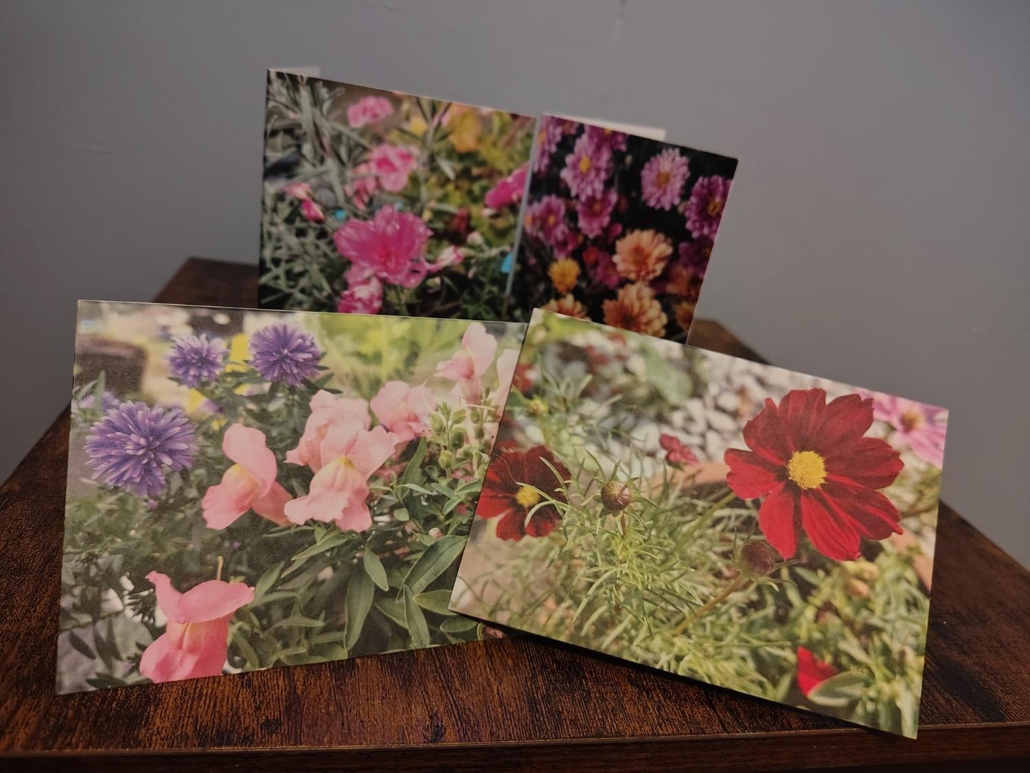 Four folded photo note cards fanned on a wooden table, each showing a different flower.
