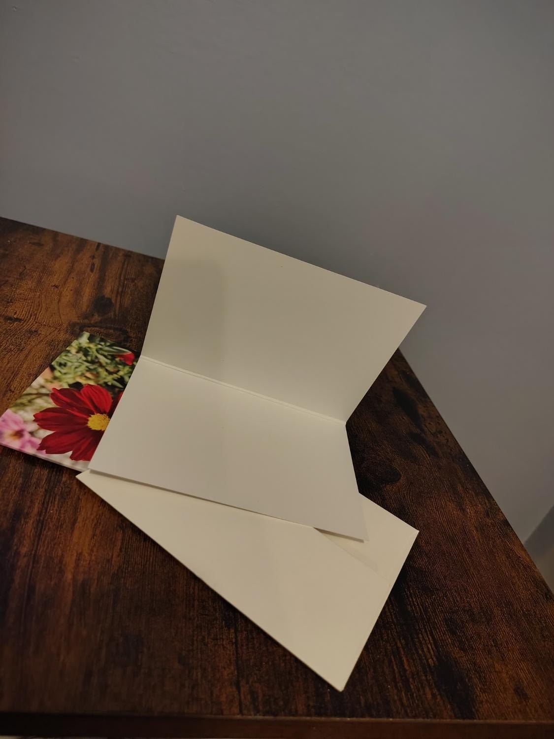 A card opened flat, showing both inside panels blank.