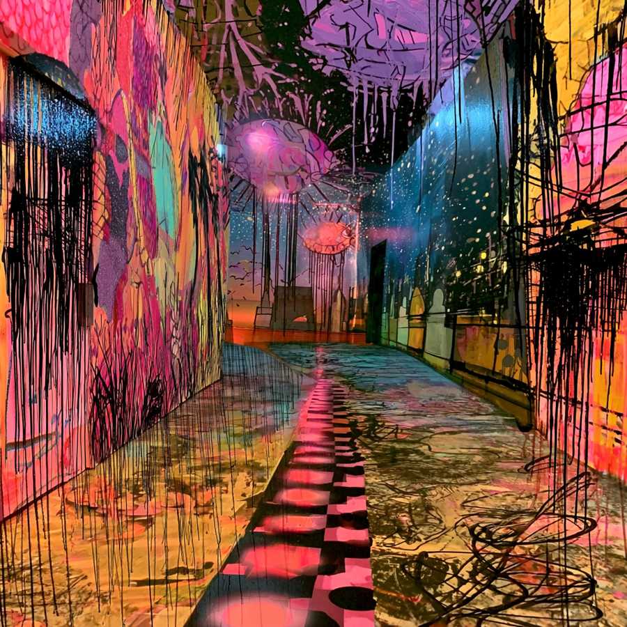 A painted corridor at a crossing, magenta and burnt orange walls under black ink. Generated artwork, not a photograph of goods.